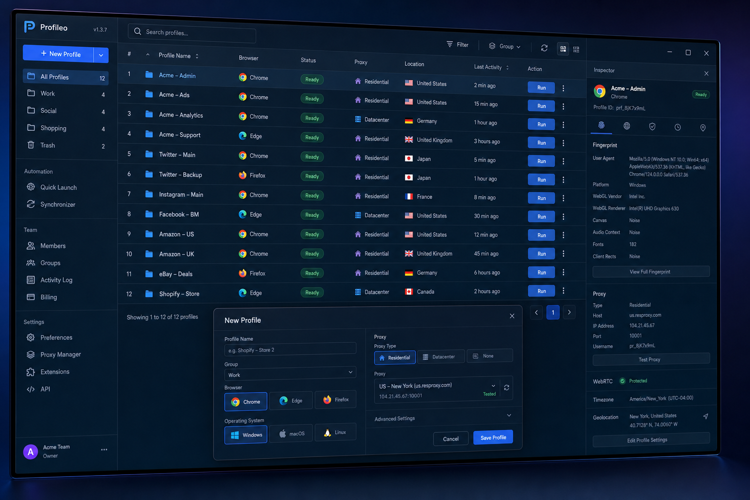 Profileo desktop dashboard with profiles, proxies, fingerprint controls, and profile creation