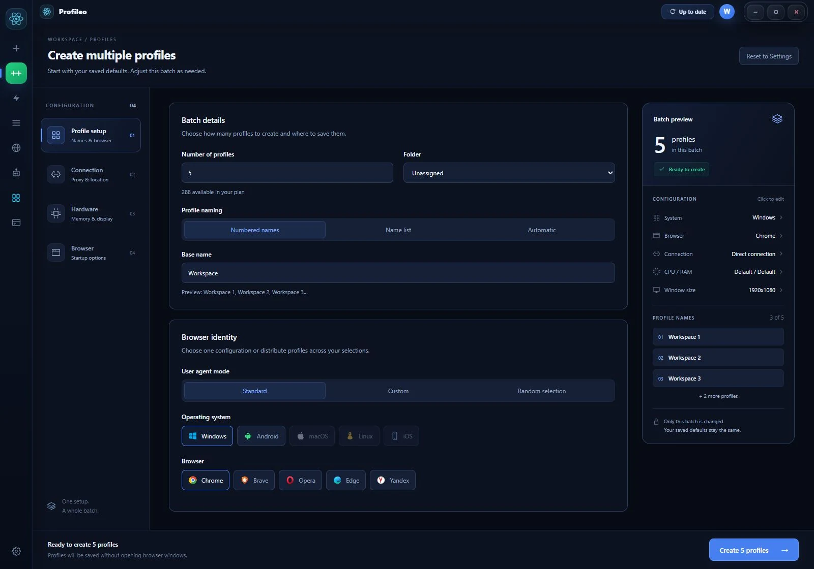 Profileo: multiple profile creation with naming options and a batch preview