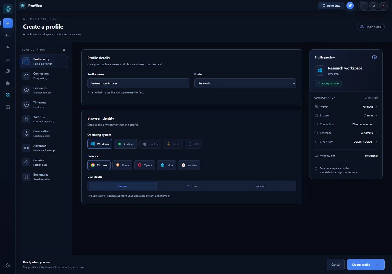 Profileo: create a profile with browser choices, connection settings and a configuration preview