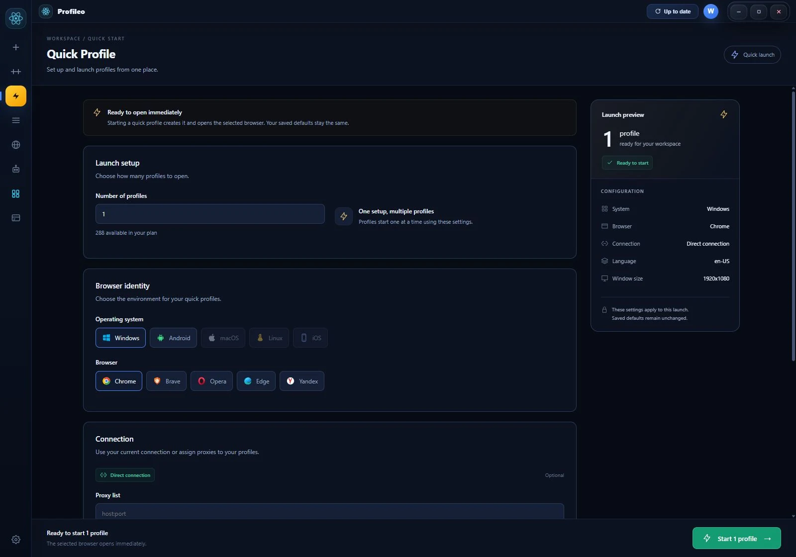 Profileo Quick Profile: browser selection and launch configuration