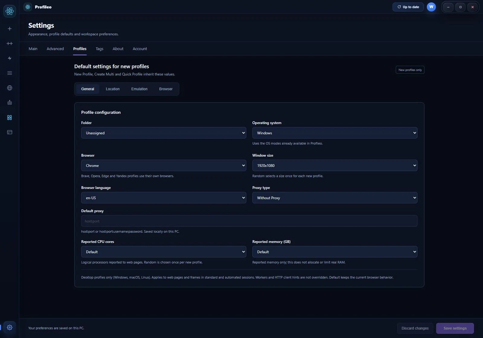 Profileo Settings: default browser, language, proxy and hardware preferences
